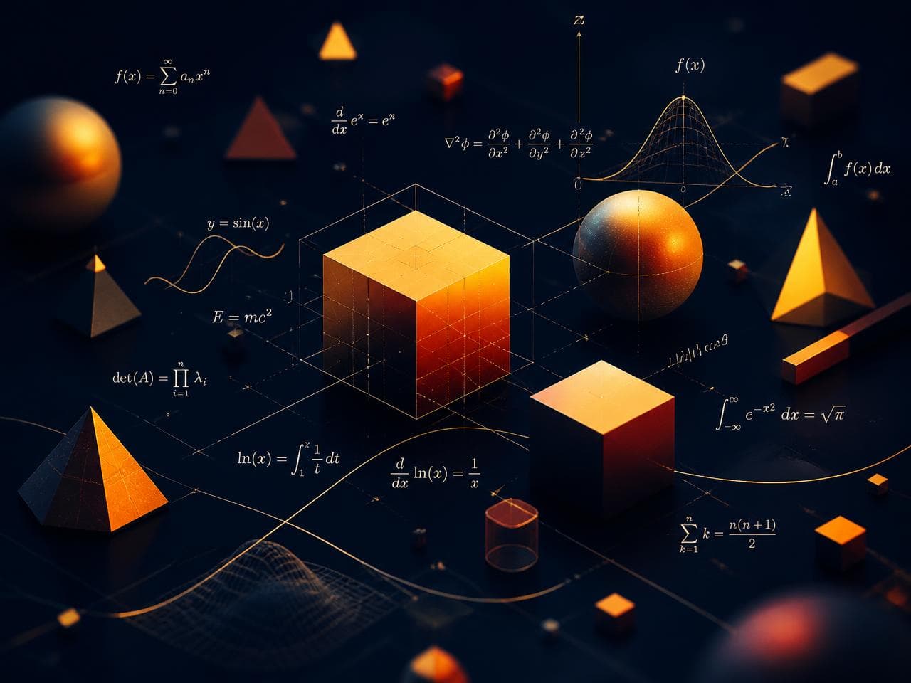 Formas geométricas e fórmulas matemáticas em composição isométrica